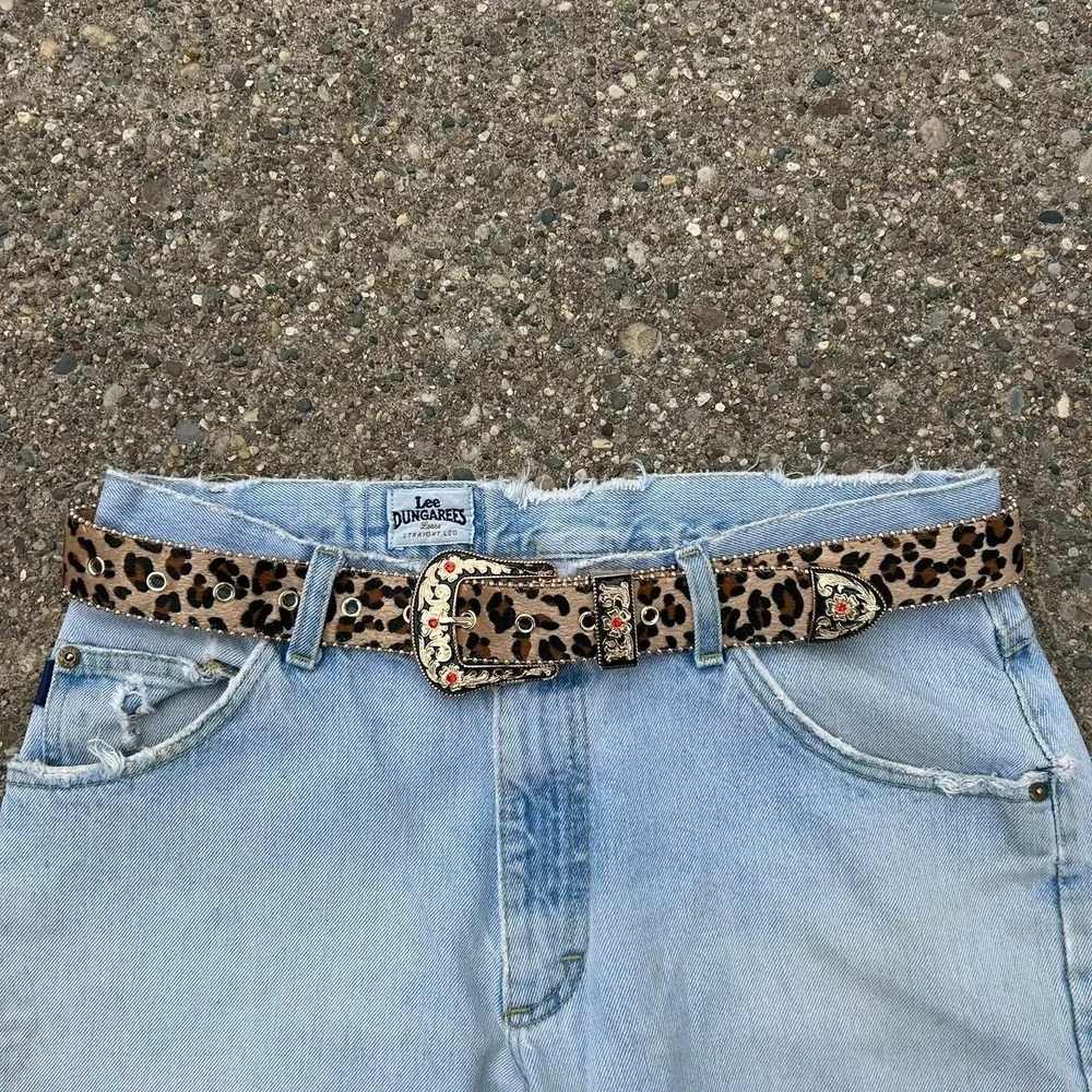Vintage style cheetah leopard print fur belt american tan and brown bedazzled